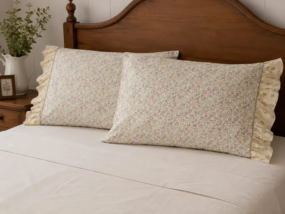 Vintage Floral Ruffle Standard Pillowcases Cottagecore Shabby Chic Set Of 2